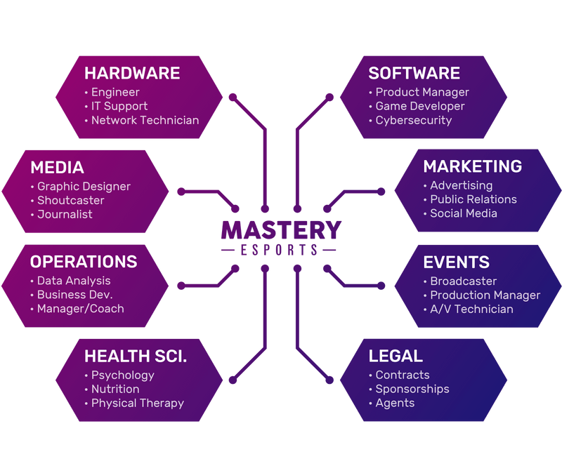 Graphic showing the careers that an academic esports league can introduce students to